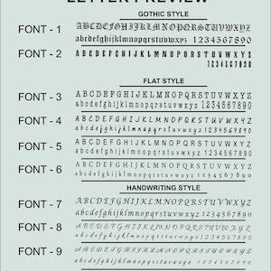 Letter preview chart showing ten font styles available for the personalized initial signet ring.