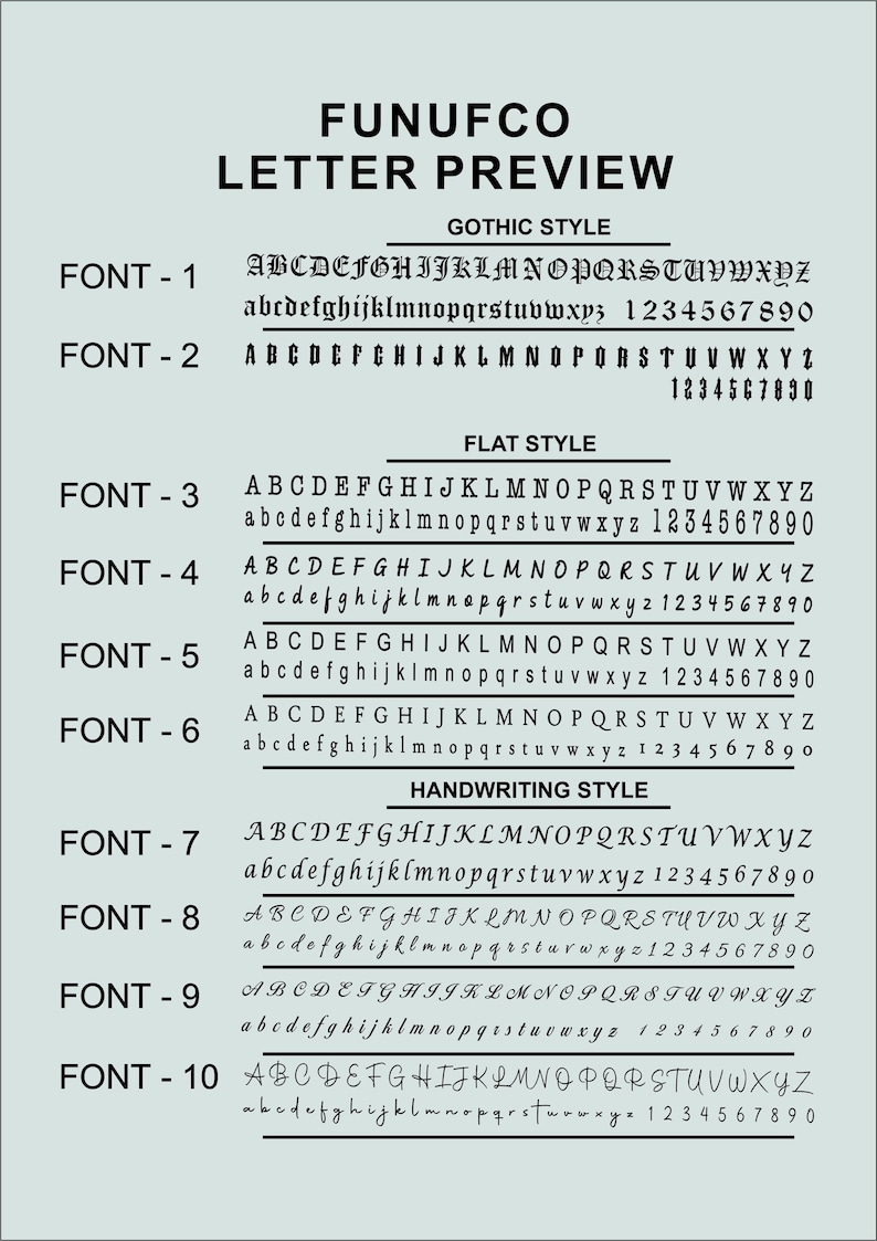 Letter preview chart showing ten font styles available for the personalized initial signet ring.