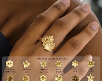 Custom Birth Flower Bouquet Ring, Personalized Sterling Silver Family Mothers Day Gift
