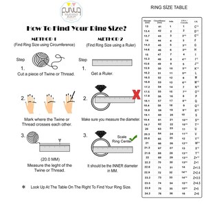 May include: A chart showing two methods for finding your ring size. Method 1 uses a piece of twine or thread to measure your finger circumference. Method 2 uses a ruler to measure the inner diameter of a ring. A table on the right shows the corresponding ring size for each measurement in millimeters, inches, and UK sizes.