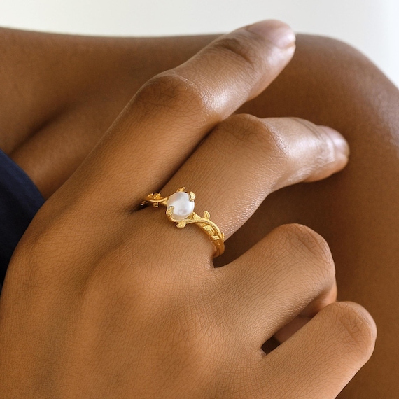 Vintage Pearl Ring, Gold Leaf Engagement Ring, Art Deco Floral Pearl Jewelry, Nature Inspired, Dainty Sterling Silver, June Birthstone Gift