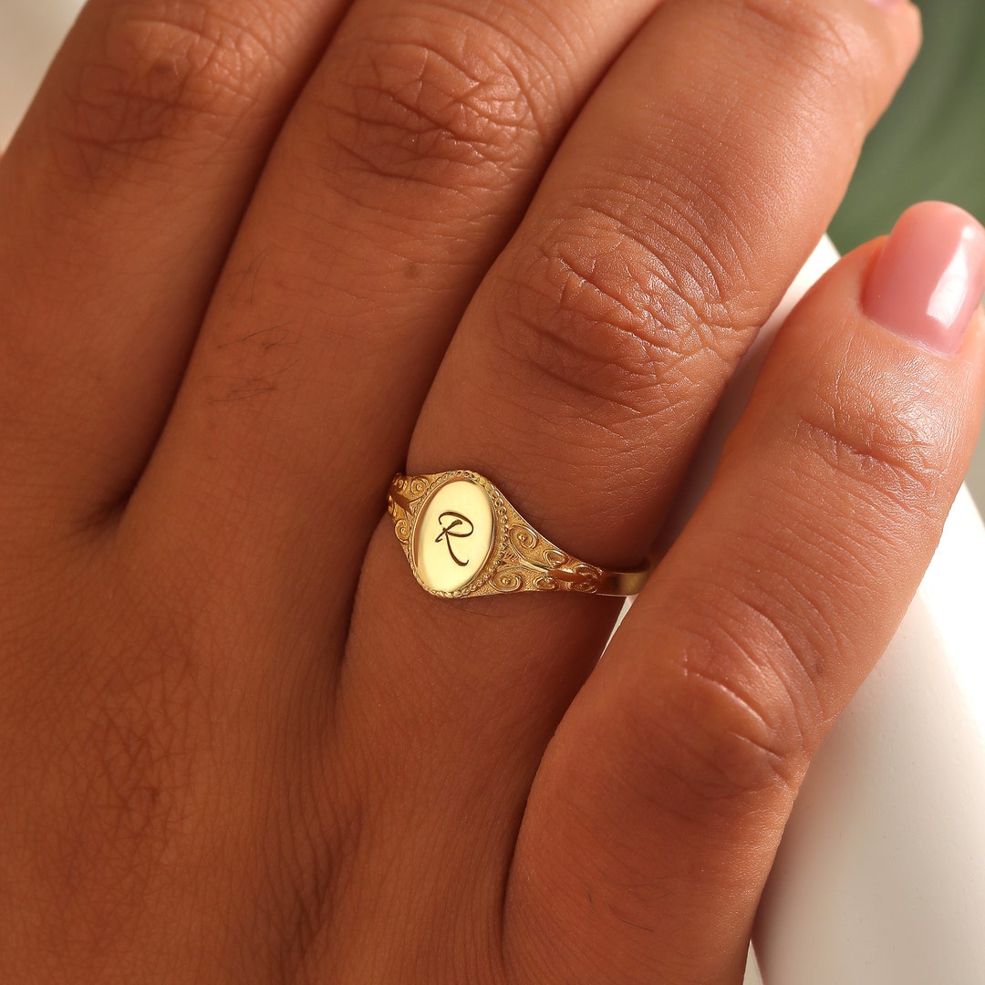 RX-704-2-GOLD-7 Engraved Round Ring 7号 Homxi Men Ring, Gold Ring V Round Seal Ring Made Of