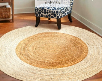 50% off on White & Natural Hand Woven Round natural jute braided Rug, Custom Size Boho Round Rug/ Doormat , Rustic Round Carpet, Circle rug