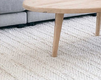 Tapis noué à la main tressé en laine épaisse, tapis d'intérieur en laine ivoire moderne, carpette en laine épaisse tricotée à la main, ivoire/beige, chemin de tapis de taille personnalisée