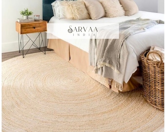 Weißer handgewebter runder indischer Teppich, Sondergröße Boho runder Teppich / Fußmatte, türkischer Teppich, Wohnzimmer Vintage / rustikaler Teppich