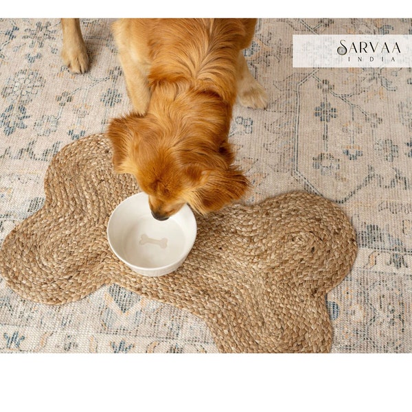 Tapis pour chien, cadeaux pour amoureux des chiens, paillasson pour chien, tapis en forme d'os en jute fait main naturel, napperon pour chien, tapis en os de chien personnalisé