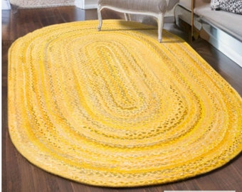 Tapis de chiffon jaune rond/ovale/carré/rectangulaire de taille personnalisée, tapis de chiffon de coton jaune bohème tressé à la main, tapis décoratif chindi en coton jaune