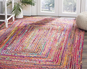 Tapis chindi en jute coloré bohème tressé à la main, tapis multicolores pour la décoration d'intérieur, tapis en coton, chiffons multi-tailles, tapis tressé