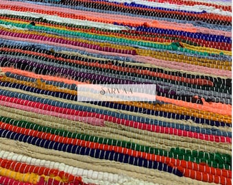 Multicolour Colourful Cotton Rag rug, Large Area Rug Home Decor Boho Indian Carpet, Living Room Chindi Rug, Thick knots-high durability