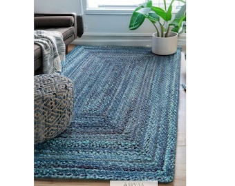 Carré bleu taille personnalisée/tapis ovale/rond/rectangulaire, tapis en chiffon de coton bleu bohème tressé à la main, tapis décoratif chindi en coton bleu,