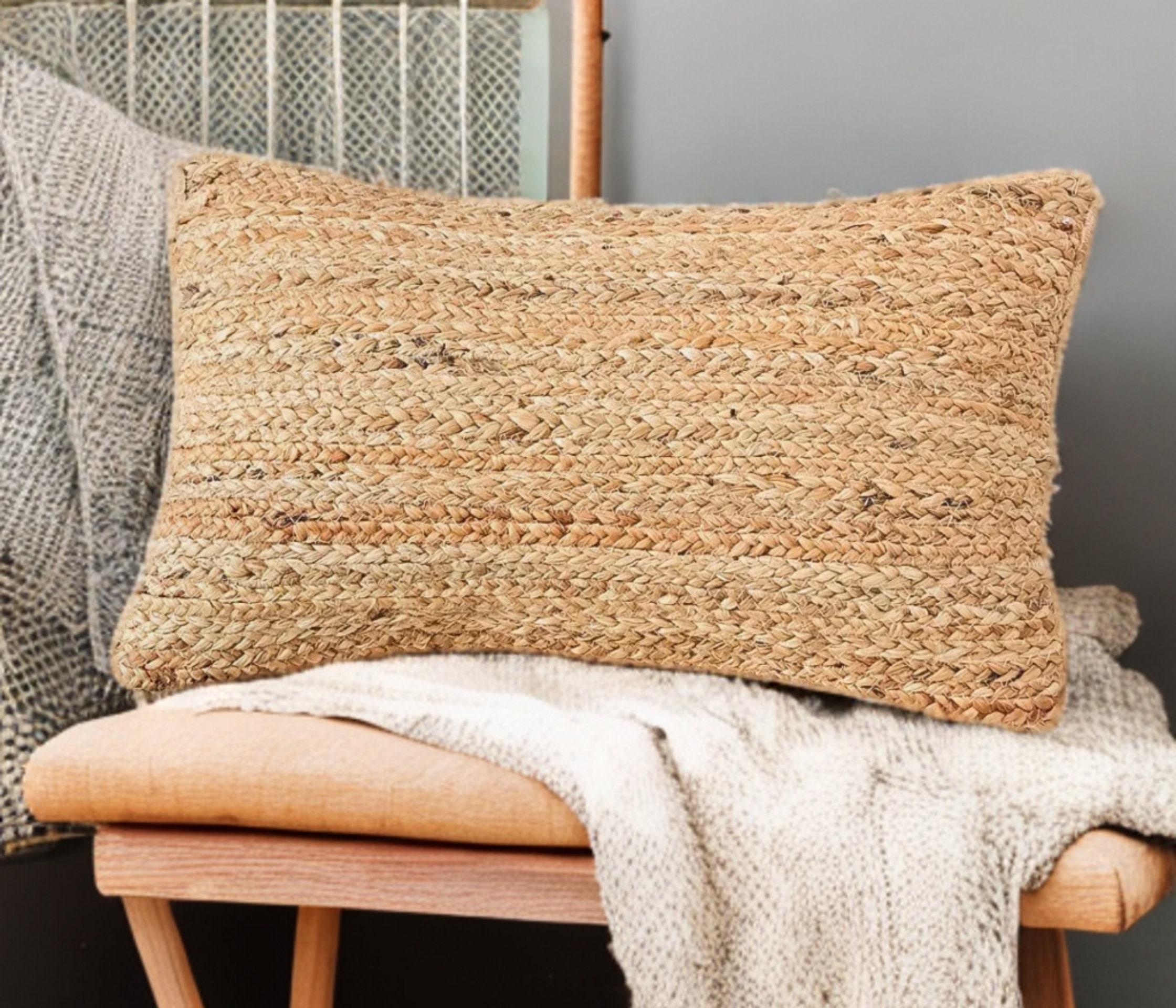 Seagrass and Raffia Jute Braided Pillow Cover, Handmade Braided Natural