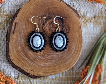 Genuine Howlite gemstone cabochon earrings in silk satin white and matte black delica seed beads and fire polish beads miyuki seed beads