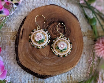 Handmade beaded polymer clay cabochon rose earrings in pink gold green and white with miyuki seed beads and fire polished beads