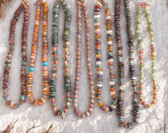 Handmade Gemstone Chip Necklace - Turquoise Coral Agate Southwest Desert Boho Jewelry Arizona Made