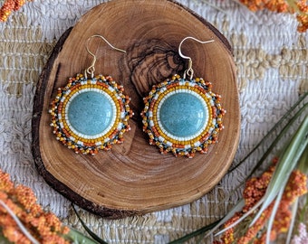 Genuine aventurine gemstone cabochon earrings in white yellow gold turquoise and orange delica seed beads