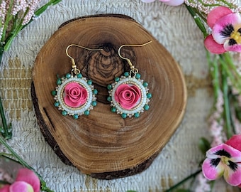 Handmade beaded polymer clay cabochon rose earrings in pink gold green and white with delica beads and fire polished beads