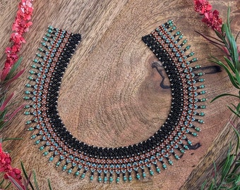 Handmade Turkish inspired beaded collar necklace with black red gold and turquoise miyuki seed beads and fire polished beads