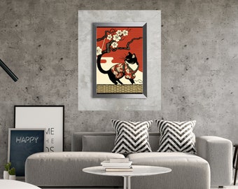 Cat Wall Art, Cat in a Kimono Print,  Ukiyo-e Art Print, Cherry Blossom, Japanese Art Print, Digital Download, Ukiyo-e and Cat Lovers Gift