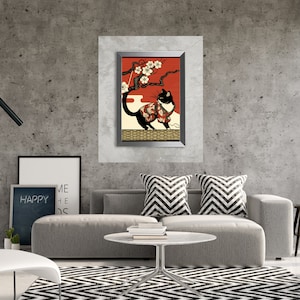 Cat Wall Art, Cat in a Kimono Print,  Ukiyo-e Art Print, Cherry Blossom, Japanese Art Print, Digital Download, Ukiyo-e and Cat Lovers Gift