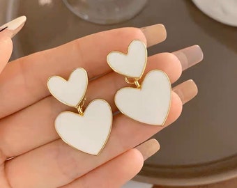 Double Heart Stacked Earrings - Milky Cream Color - White Hearts - Wedding Jewelry - Stud -