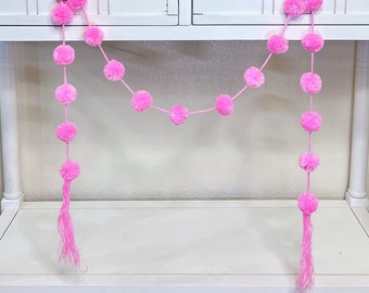 Pompom Garland with Tassel Pink Pompom Garland Home Decor Mexican Party Decor Nursery Decor 1st Birthday Party Decor