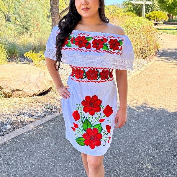 Mexican Floral Dress Embroidered Off the Shoulder Black Dress Campesino Dress White Mexican Dress Summer Dress White With Red Flowers