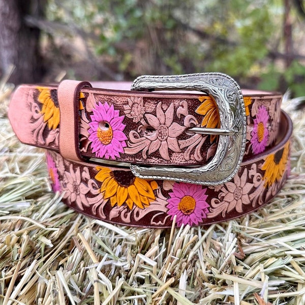 Girl Belt Sunflower Belt Leather Girl Western Belt Boho Style Belt Cowgirl Belt Leather Belt Tooled Leather Belt for Girls