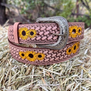 Sunflower Leather Belt for Girl&#39;s Western Belt Children&#39;s Belt Cowgirl Belt Leather Belt Genuine Leather Belt for Girl&#39;s Sunflower Belt