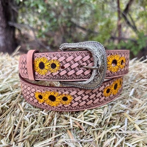 Sunflower Leather Belt for Women&#39;s Western Belt Boho Style Belt Cowgirl Belt Leather Belt Tooled Leather Belt for Women&#39;s Gift for Her
