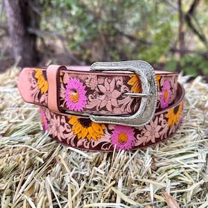 Sunflower Belt for Girls Children Genuine Leather Belt with Removable Buckle Sunflower Cowgirl Belt Pink Sunflower Belt for Kids