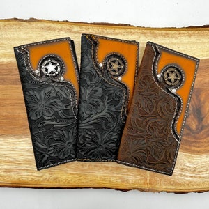 Western Wallet Tall Leather Wallet Cowhide Wallet Western Cowboy Wallet Gift for Him Wallets For Men Gift for Him Tooled Wallet Men