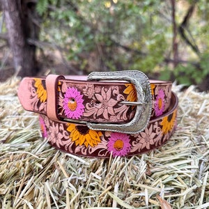 Sunflower Leather Belt for Women&#39;s With Removable Buckle Cowgirl Belt Tooled Leather Belt Mommy and Daughter Matching Belts Pink Belt