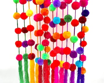 Pompom Garland with Tassel Multicolored Pompom Garland Fiesta Decor Mexican Party Decor Wedding Colorful Mexican Decor Christmas Tree Decor
