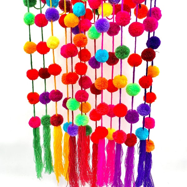 Pompom Garland with Tassel Multicolored Pompom Garland Fiesta Decor Mexican Party Decor Wedding Colorful Mexican Decor Christmas Tree Decor