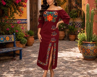 May include: A dark red off-the-shoulder midi dress featuring vibrant floral and butterfly embroidery on the chest and skirt, with three-quarter length sleeves and a high front slit that reveals a decorative embroidered border along the hem.