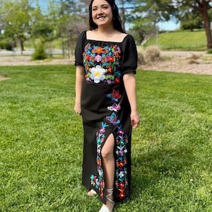 Mexican Dress with Slit Women&#39;s Mexican Floral Dress Embroidered Mexican Party Dress Classy Mexican Style Dress Blue Dress Black Dress