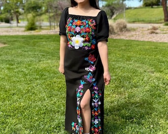 Mexican Dress with Slit Women&#39;s Mexican Floral Dress Embroidered Mexican Party Dress Classy Mexican Style Dress Blue Dress Black Dress