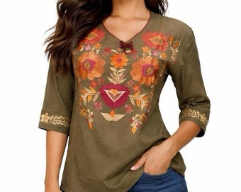 3/4 Sleeve Embroidered Mexican Blouse 100% Fresh Cotton Adjustable Waist Strings Blusa Bordada Mexicana Comfort Fit Shirt Made in Mexico