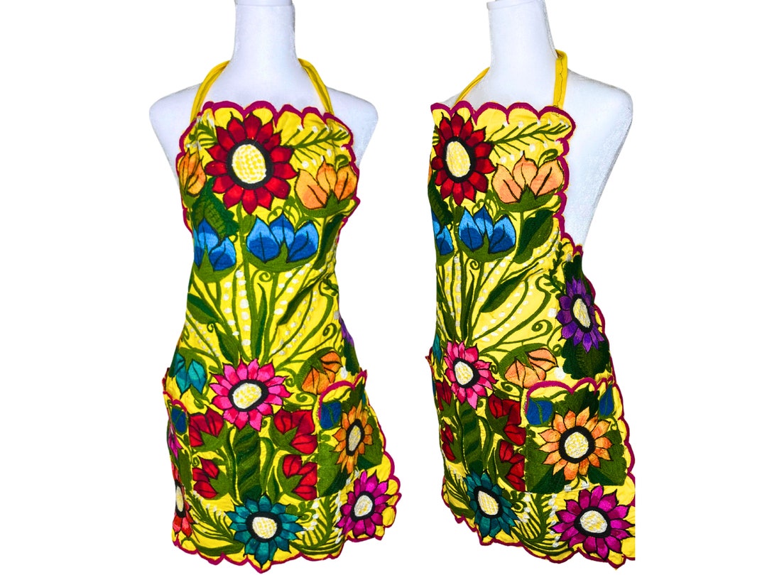 Apron Embroidered Mexican Floral Apron Cooking Apron Handmade Mexican