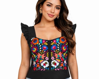 Hand Embroidered Crop Top Floral Embroidery One Size fits a S, M, L Mexican Shirt Handmade in Mexico