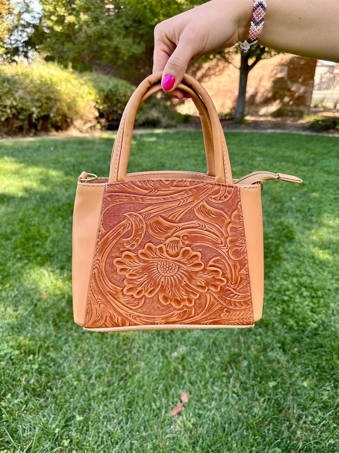 Purse Tan Faux Leather Handbag Crossbody Tooled Leather Purse Tan Purse
