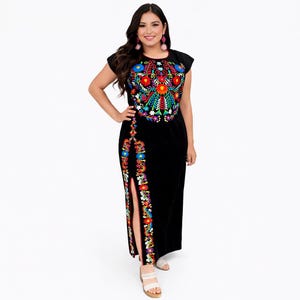 Long Embroidered Dress with slit Mexican Dress Elegant Mexican Dress Made in Mexico Available in size Small - 2X 100% Cotton Dress