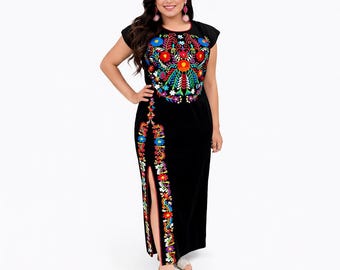 Long Embroidered Dress with slit Mexican Dress Elegant Mexican Dress Made in Mexico Available in size Small - 2X 100% Cotton Dress