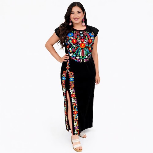 Long Embroidered Dress With Slit Mexican Dress Elegant Mexican Dress Made  in Mexico Available in Size Small - 2X 100% Cotton Dress - Etsy
