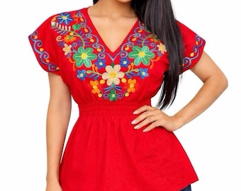 Embroidered Mexican Floral Women's Cotton Shirt with Unique Color Patterns & Elastic Waist for Comfortable Fit Made in Mexico