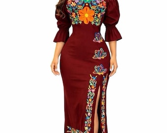 Long Mexican Dress with Slit Women's Embroidered Mexican off the Shoulder Floral Dress With Butterfly Design Mexican Party Dress