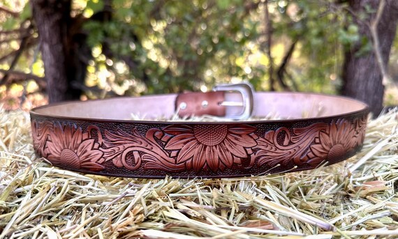 Brown sunflower design leather belt Embossed Sunflower Leather Belt: Western Boho Style With  main image 3