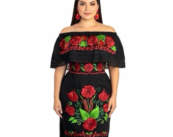 Women's Casual Campesino Traditional Mexican Dress - Off-the-Shoulder, Embroidered Red Flowers, Adjustable Cotton, for Lady's Everyday Women