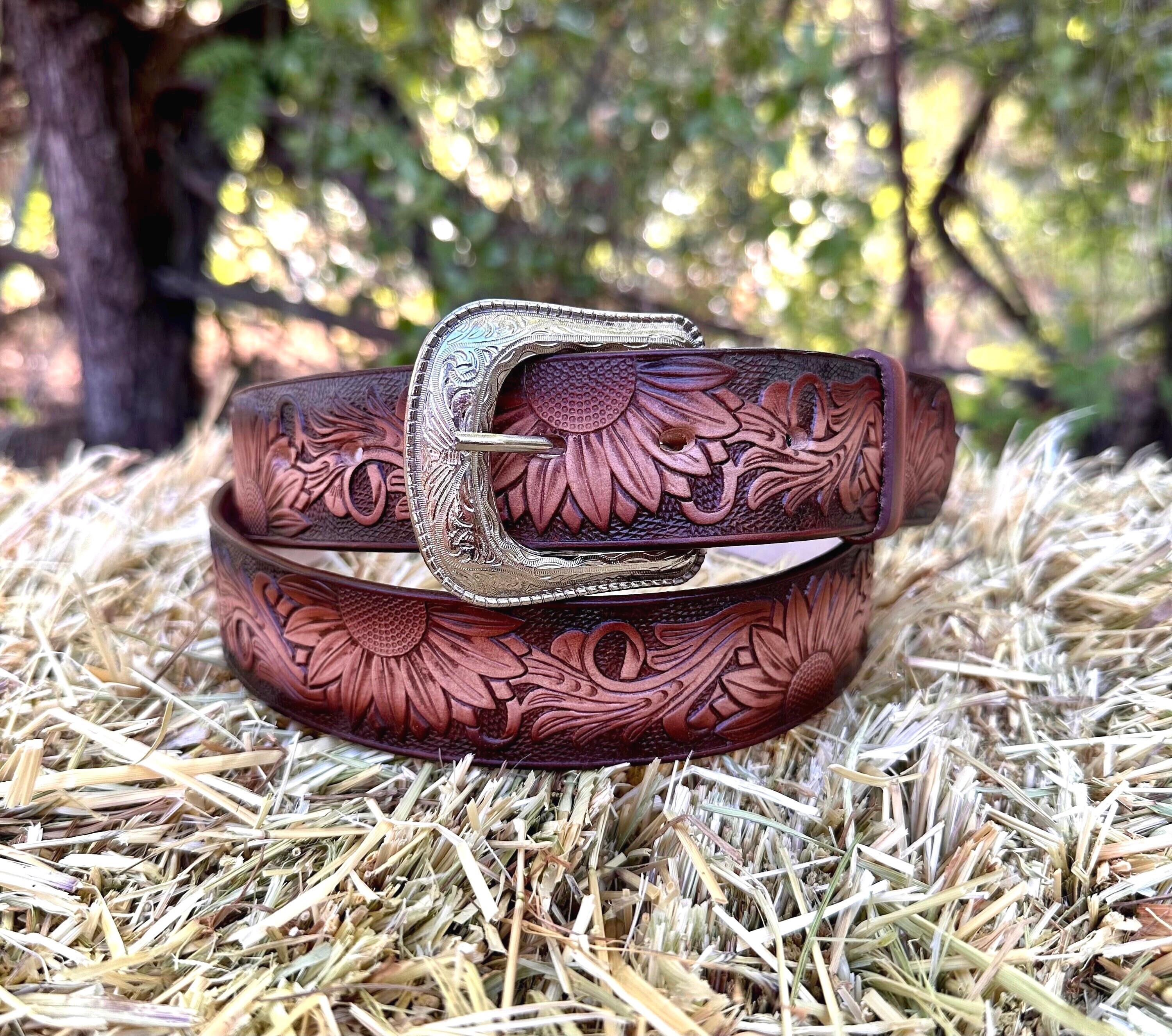 Brown sunflower design leather belt Custom Western Sunflower Leather Belt - Leather Mingle main image 2