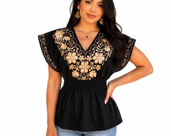 Embroidered Mexican Floral Women's Cotton Shirt with Unique Color Patterns & Elastic Waist for Comfortable Fit Made in Mexico